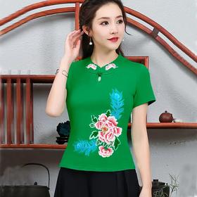 PDD-民族风刺绣上衣妈妈装 中式立领盘扣大码短袖棉t恤