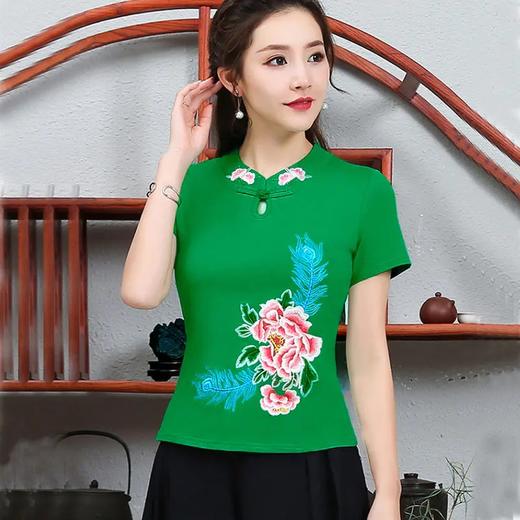 PDD-民族风刺绣上衣妈妈装 中式立领盘扣大码短袖棉t恤 商品图0