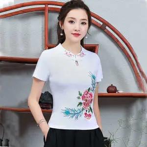PDD-民族风刺绣上衣妈妈装 中式立领盘扣大码短袖棉t恤 商品图2