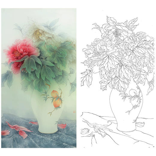 竖幅工笔没骨花鸟画白描底稿王震牡丹wz44