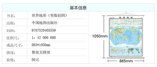 世界地图（地形竖版）,1.05mx0.85m,全开覆膜挂图 商品图2