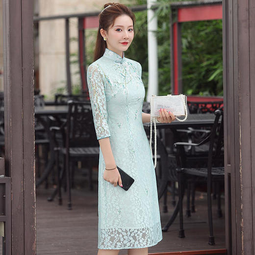 XGT-Q2302新款蕾丝古典定位印花旗袍裙 商品图0