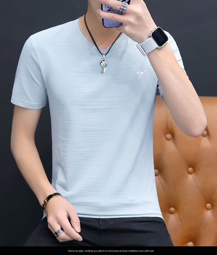 pdd2020男士短袖t恤v领纯色休闲半袖修身上衣