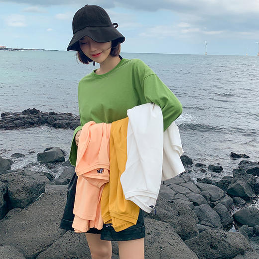 韩都衣舍2020春新款女韩版宽松圆领打底衫长袖中长款T恤MY1501沐 商品图0