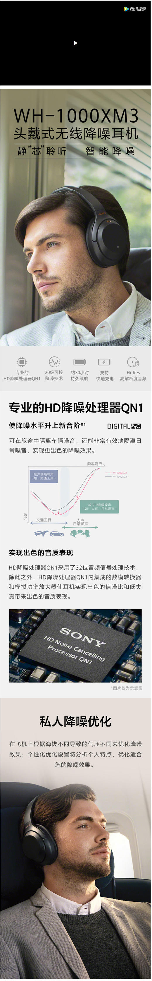 索尼（SONY）WH-1000XM3 高解析度无线蓝牙降噪 头戴式耳机（触控面板 智能降噪 长久续航）JPY带授权招加盟代理 商品图1