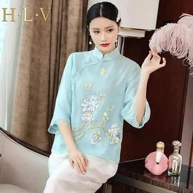 WJM-2907新款改良中国风刺绣真丝显瘦立领上衣
