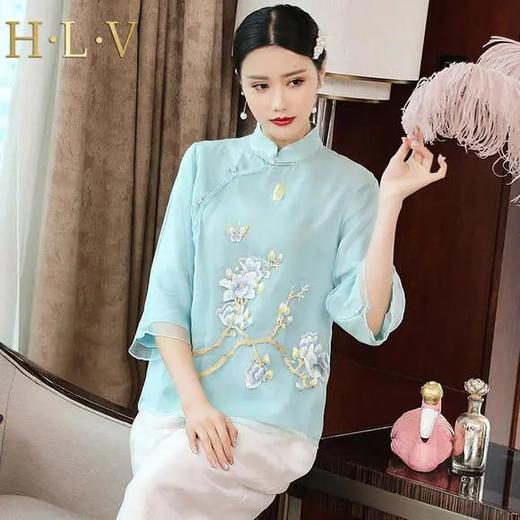 WJM-2907新款改良中国风刺绣真丝显瘦立领上衣 商品图0