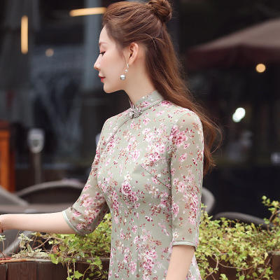 XGT-2334雪纺小碎花印花中长款旗袍裙 商品图4