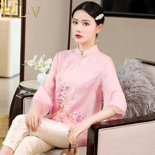 WJM-2907新款改良中国风刺绣真丝显瘦立领上衣 商品图1