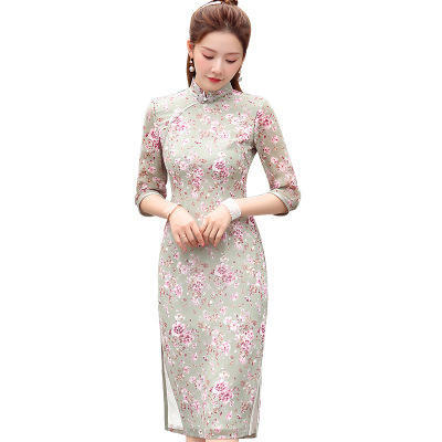 XGT-2334雪纺小碎花印花中长款旗袍裙 商品图3