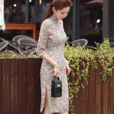 XGT-2334雪纺小碎花印花中长款旗袍裙 商品图2