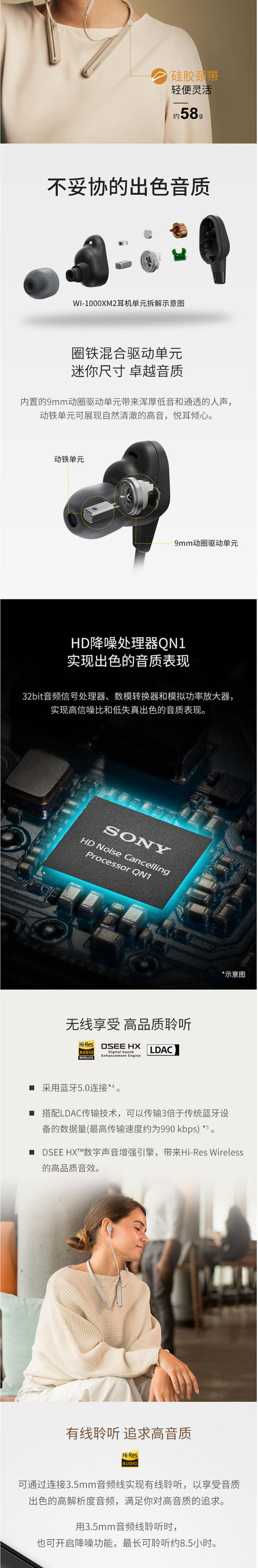 索尼（SONY）WI-1000X/1000XM2 颈挂式无线蓝牙耳机 高音质降噪耳麦主动降噪 入耳式手机通话JPY带授权招加盟代理 商品图3