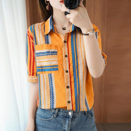 JH-1236夏新款小众轻熟薄款竖条纹短袖上衣 商品图1