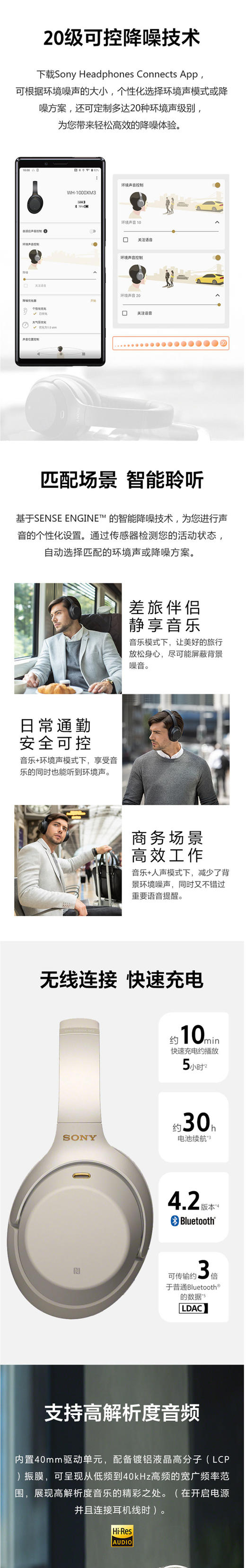 索尼（SONY）WH-1000XM3 高解析度无线蓝牙降噪 头戴式耳机（触控面板 智能降噪 长久续航）JPY带授权招加盟代理 商品图2