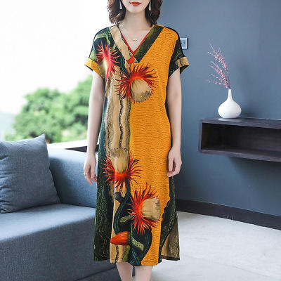 HT-0809新款复古v领显瘦印花宽松连衣裙 商品图0
