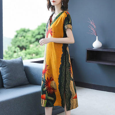 HT-0809新款复古v领显瘦印花宽松连衣裙 商品图2