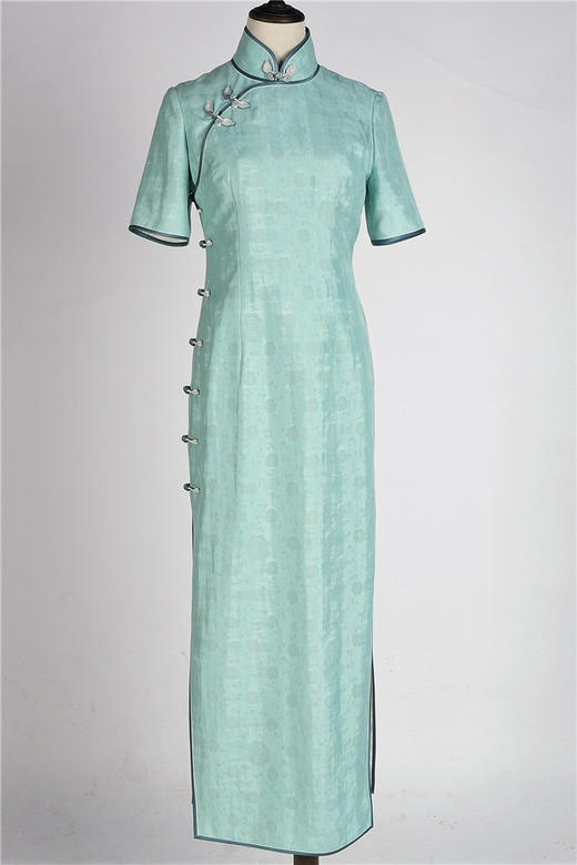 荷言HEYEN 天水碧 天青色图案罗+精致蝴蝶花扣手工旗袍 商品图4