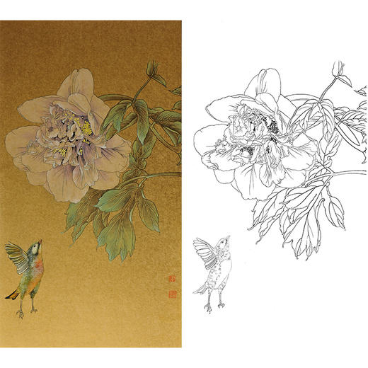 王震竖幅工笔没骨花鸟画白描底稿曾照彩云归多种白描尺寸可选wz48