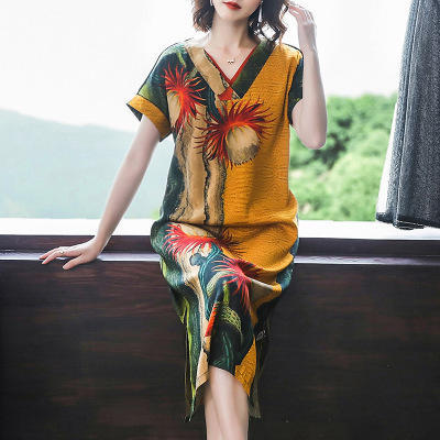 HT-0809新款复古v领显瘦印花宽松连衣裙 商品图1