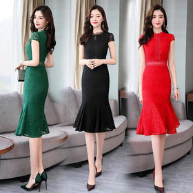 HRFS-MLJL9902新款潮流时尚气质圆领短袖蕾丝中长连衣裙