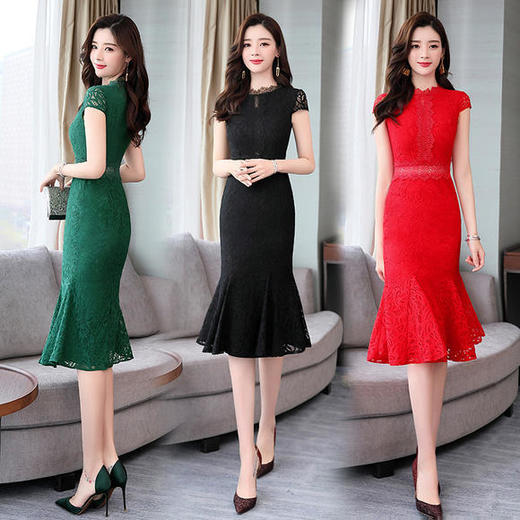 HRFS-MLJL9902新款潮流时尚气质圆领短袖蕾丝中长连衣裙 商品图0
