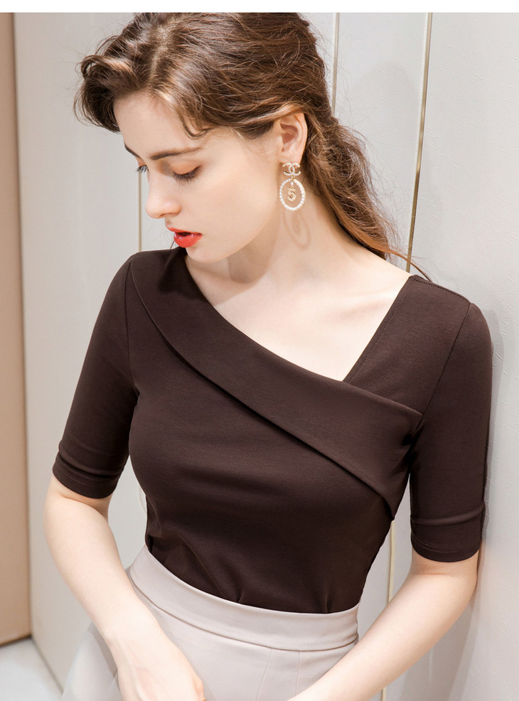 性感百搭棉洋气五分袖露锁骨斜肩上衣sgal30962