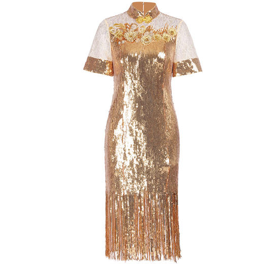 DLQ-A2453黄色旗袍显瘦中长款礼服连衣裙 商品图4