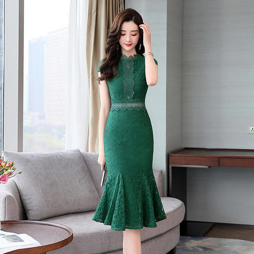 HRFS-MLJL9902新款潮流时尚气质圆领短袖蕾丝中长连衣裙 商品图3