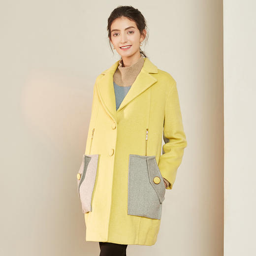 秋冬呢子外套时尚拼接廓型毛呢撞色贴袋大衣83875adz204yl