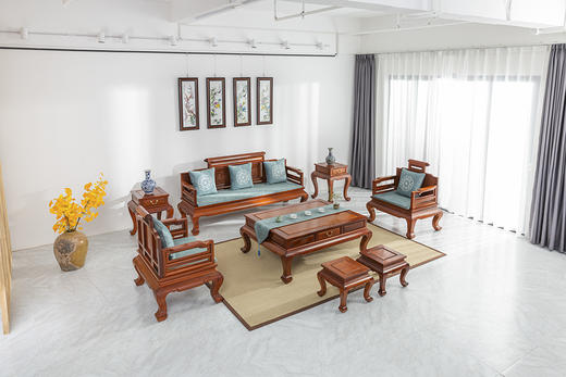 红桥红  家具严选  缅甸花梨（大果紫檀）  【直背 带雕花卷书沙发 八件套】 商品图0