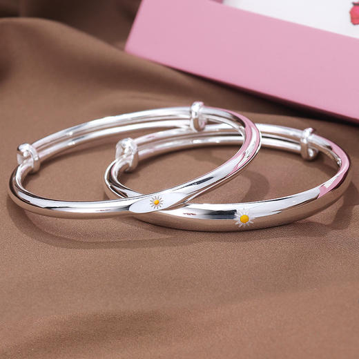 KKY-JYJ232小雏菊万足银手镯 生日礼物正品实心圆棍银镯子 商品图2