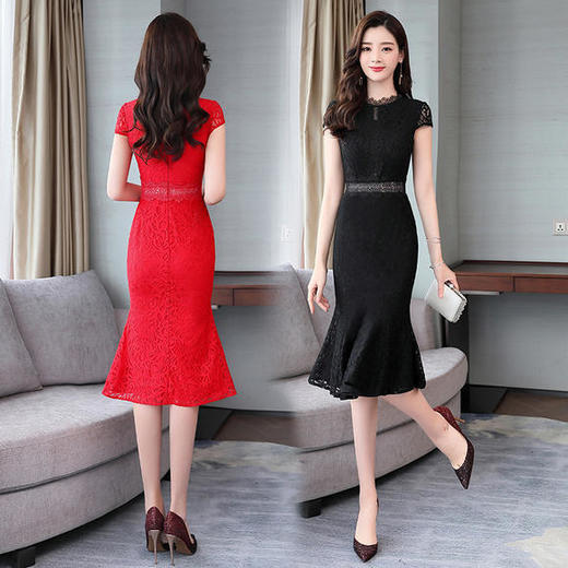 HRFS-MLJL9902新款潮流时尚气质圆领短袖蕾丝中长连衣裙 商品图4