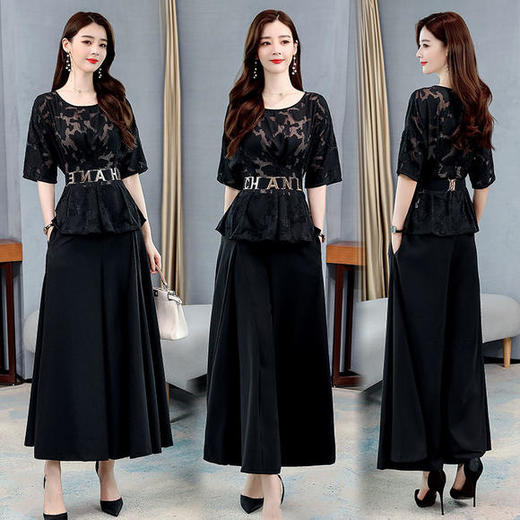 HR-WB20809新款时尚气质优雅圆领收腰阔腿裤套装 商品图3