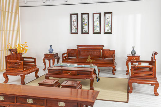 红桥红  家具严选  缅甸花梨（大果紫檀）  【直背 带雕花卷书沙发 八件套】 商品图4