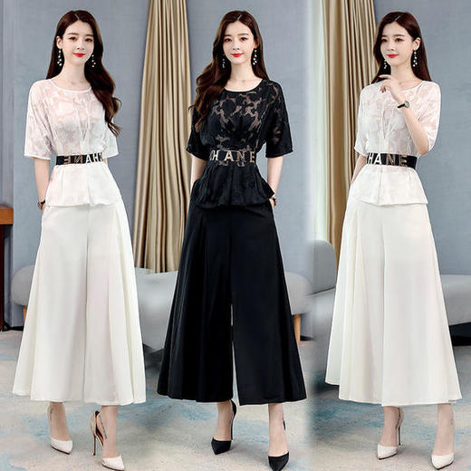 HR-WB20809新款时尚气质优雅圆领收腰阔腿裤套装 商品图0