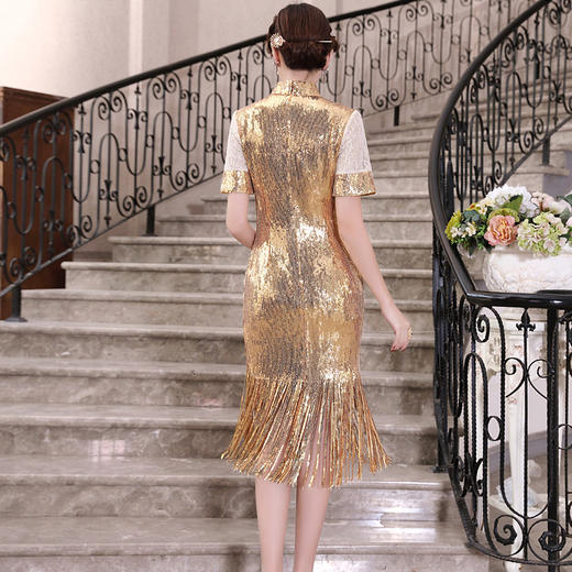 DLQ-A2453黄色旗袍显瘦中长款礼服连衣裙 商品图2