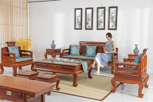 红桥红  家具严选  缅甸花梨（大果紫檀）  【直背 带雕花卷书沙发 八件套】 商品图1