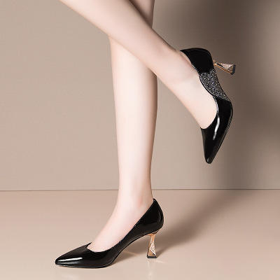 OLD H2201 头层牛皮女鞋2020年新款水砖春秋单鞋细跟尖头黑色漆皮酒红色高跟鞋 商品图3