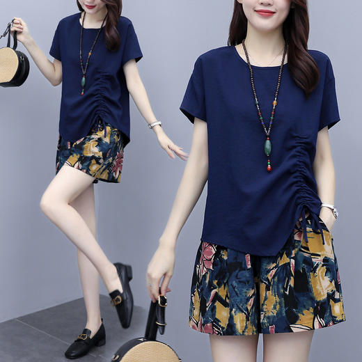 WZNH-XX2512配项链   印花文艺短袖民族风棉麻两件套 商品图0