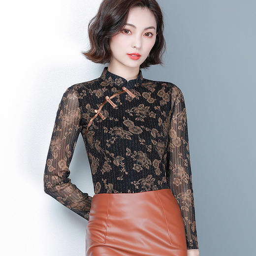 KQL  654T3507印花立领网纱修身显瘦长袖T恤百搭大码小衫 商品图2