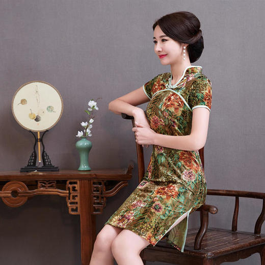 YTG-106新款绿色丝绒印花旗袍 商品图0