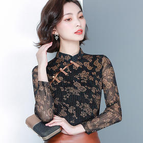 KQL  654T3507印花立领网纱修身显瘦长袖T恤百搭大码小衫