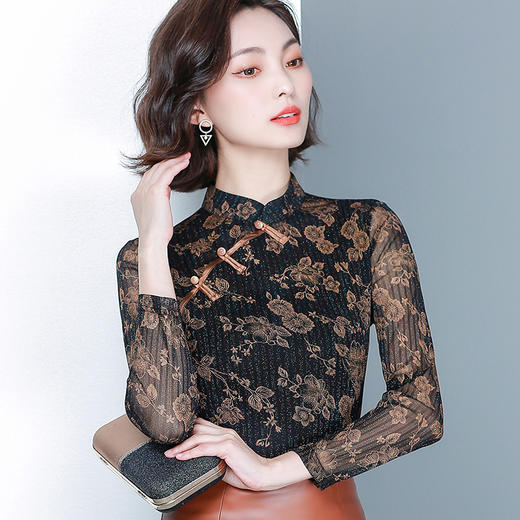 KQL  654T3507印花立领网纱修身显瘦长袖T恤百搭大码小衫 商品图0