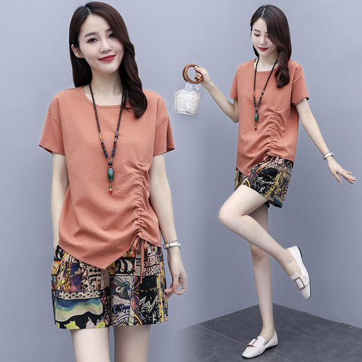WZNH-XX2512配项链   印花文艺短袖民族风棉麻两件套 商品图1