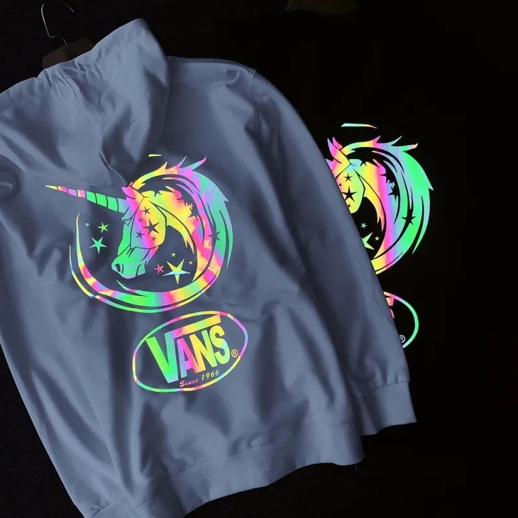 七彩镭射变色t万斯vans国潮小众设计3m反光炫彩独角兽连帽卫衣纯棉戴