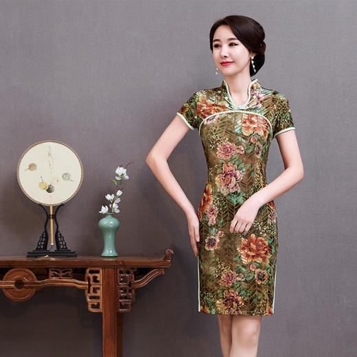 YTG-106新款绿色丝绒印花旗袍 商品图2