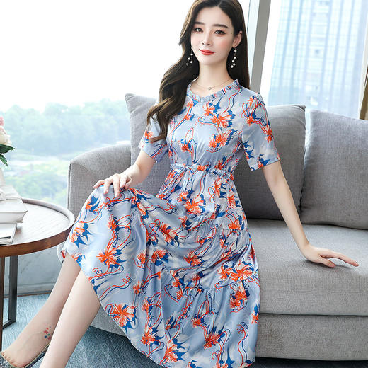 SM-V20621法式真丝新款气质中长裙收腰褶皱大摆裙 商品图2