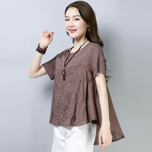 AHM-rffs8532文艺风棉麻圆领短袖T恤女宽松打底上衣 商品图3