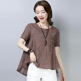 AHM-rffs8532文艺风棉麻圆领短袖T恤女宽松打底上衣