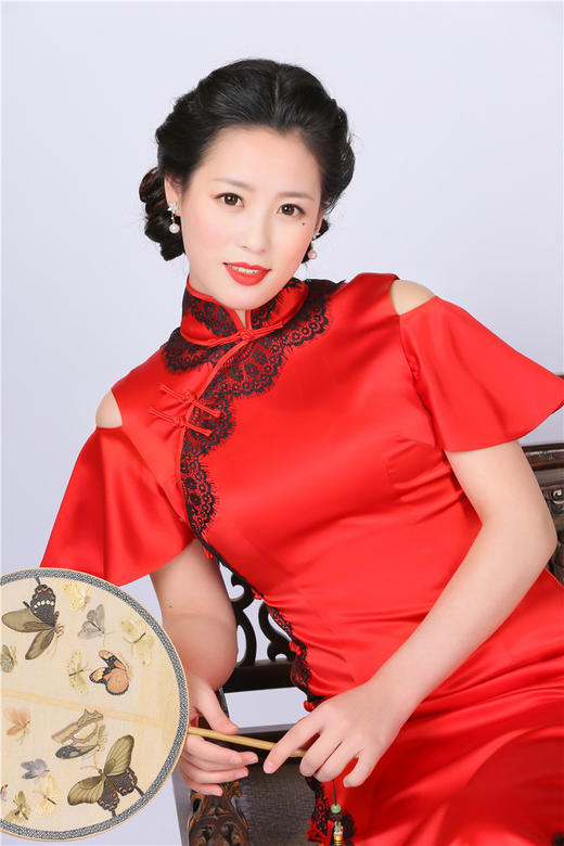 荷言HEYEN 霜叶红 重磅真丝+手工盘扣+撞色蕾丝+露肩荷叶袖手工旗袍 商品图2